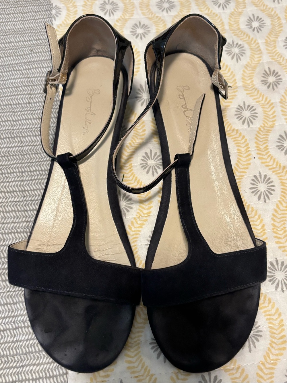 Boden Black T-Strap Suede & Patent Sandals